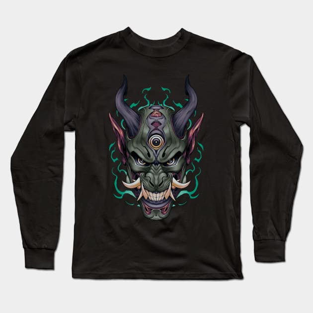 Japanese Black Dragon Yokai Mask Long Sleeve T-Shirt by Mang Kumis